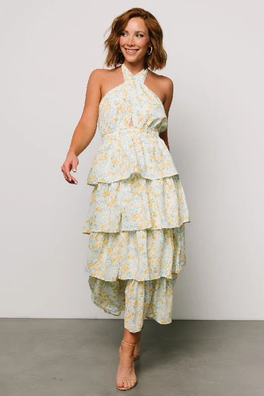 Chelles Halter Tiered Dress | Blue + Yellow