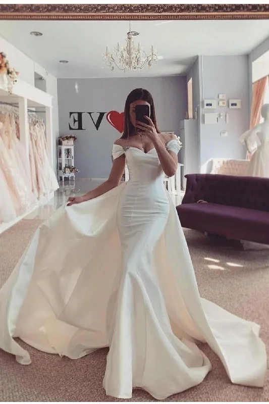 Off-the-shoulder Satin Bridal Gown with Detachable Train