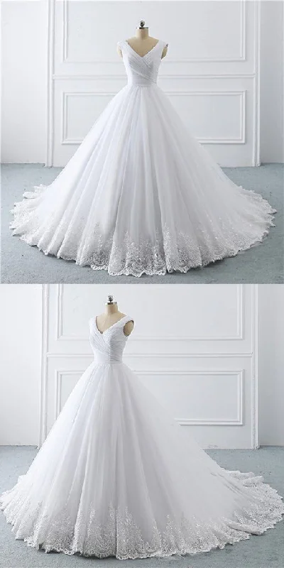 Unique White Lace V Neck Puffy Sweep Train Wedding Dress, Lace Formal Prom Dress   cg15912