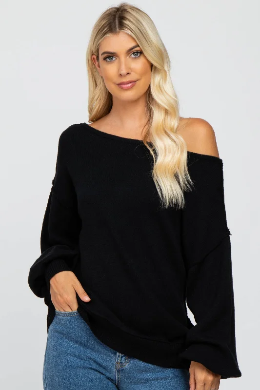 Black Boat Neck Bubble Sleeve Sweater