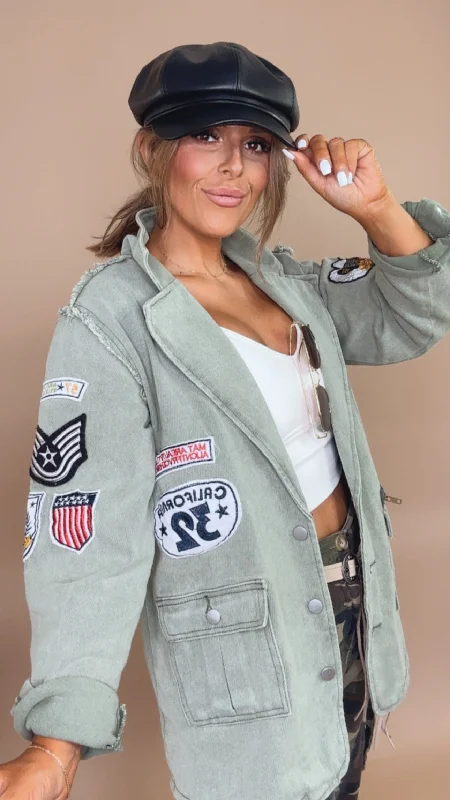 Vintage Patched Military Blazer, Powder Matcha